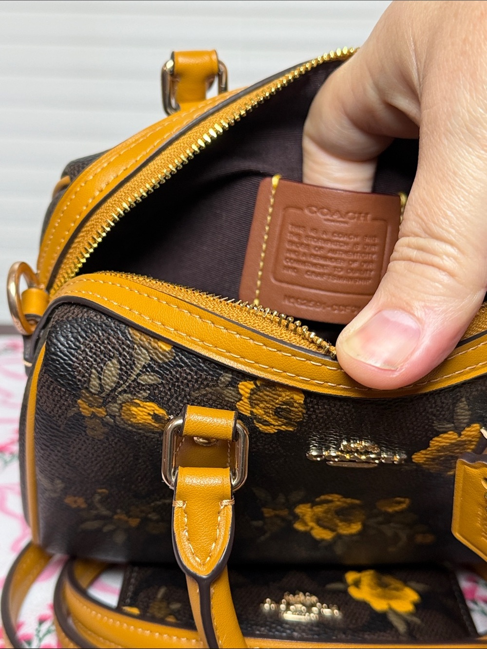 Coach Rowan Mini Brown Floral Print Small Satchel with Mustard Trim - Picture 5 of 6